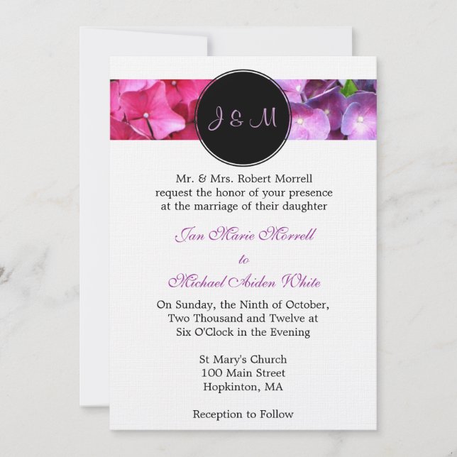 Monograma Hidrangea Boda Invitación (Anverso)