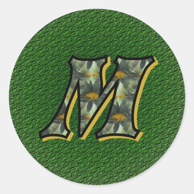 Monograma inicial M Pegatina de daisies negros (Anverso)