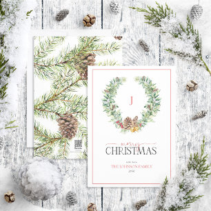 Monograma Invierno Cone Berry Wreath Feliz Navidad