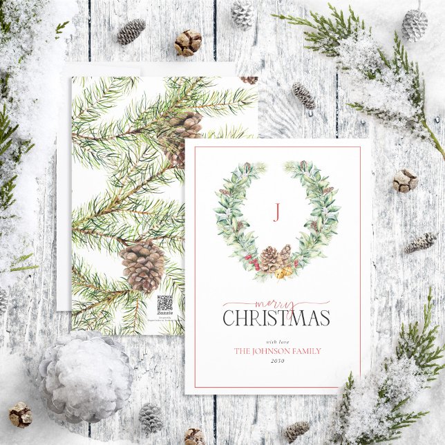 Monograma Invierno Cone Berry Wreath Feliz Navidad (Subido por el creador)