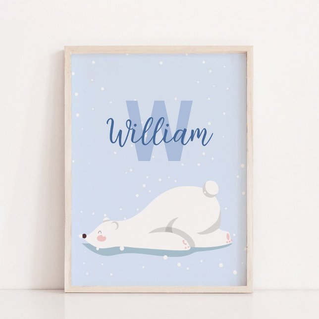 Monograma Invierno Oso Polar Decoración de Pared (Blue Monogram Winter Polar Bear Nursery Wall Decor)