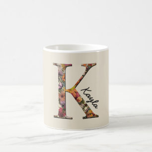 Monograma K, letra floral K, taza