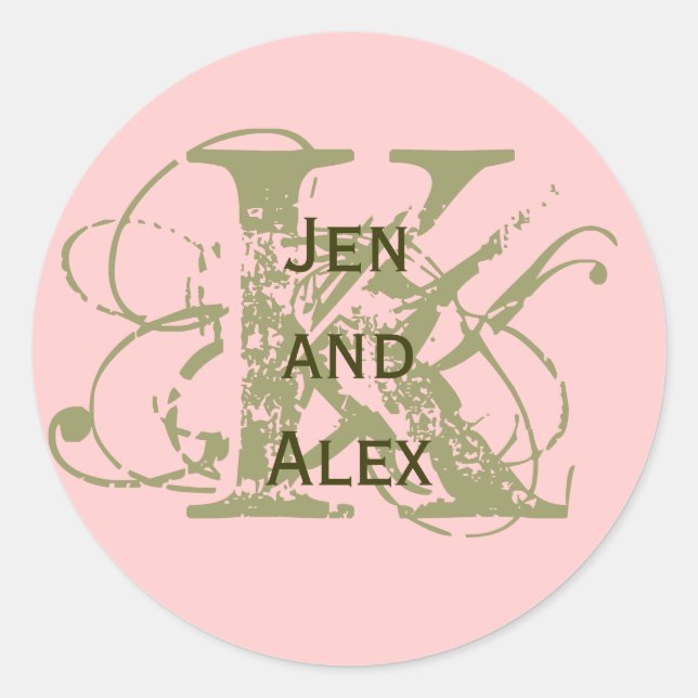 Monograma K y nombres Pegatina rosado (Anverso)