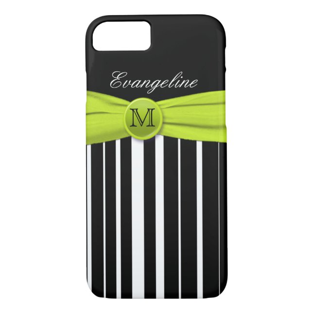 Monograma Lime Blanco Negro Striped iPhone 7 Funda (Reverso)