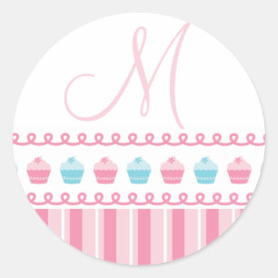 Monograma M Cupcakes Pinstripes Pegatina azul rosa