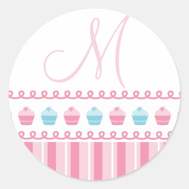 Monograma M Cupcakes Pinstripes Pegatina azul rosa (Anverso)