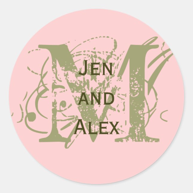 Monograma M y nombres Pegatina rosa (Anverso)