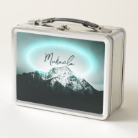 Monograma misterioso de neón azul de montaña nevad