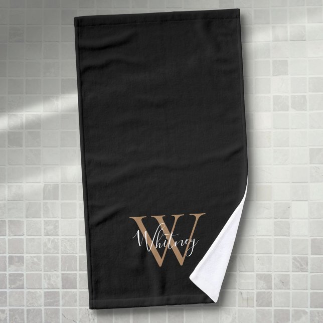 Monograma moderno de oro negro con nombre de letra (Modern Black Gold Monogram Elegant Script Name Hand Towel)