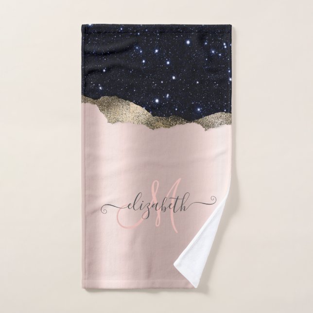 Monograma moderno de oro rosa con brillo negro (Toalla de mano)