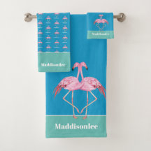 Monograma moderno Nombre Flamingo rosa Verde azula