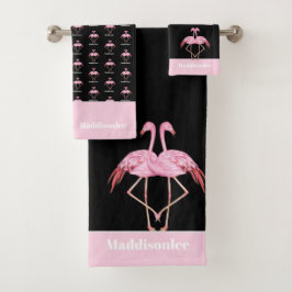 Monograma moderno Nombre negro Flamingo rosa Bath 
