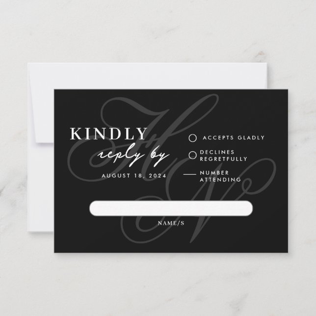 Monograma moderno Tarjeta RSVP simple en negro (Anverso)