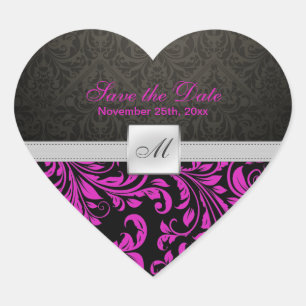 Monograma morado Damask Save the Date pegatinas
