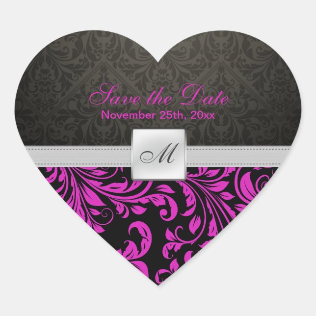 Monograma morado Damask Save the Date pegatinas (Anverso)