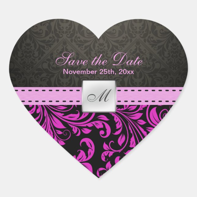 Monograma morado Damask Save the Date pegatinas (Anverso)