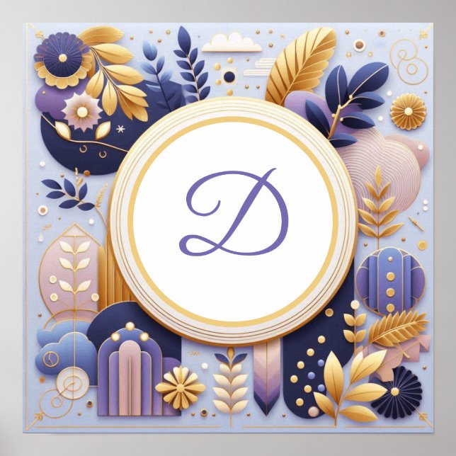 Monograma morado y arte de pared dorado (Frente)