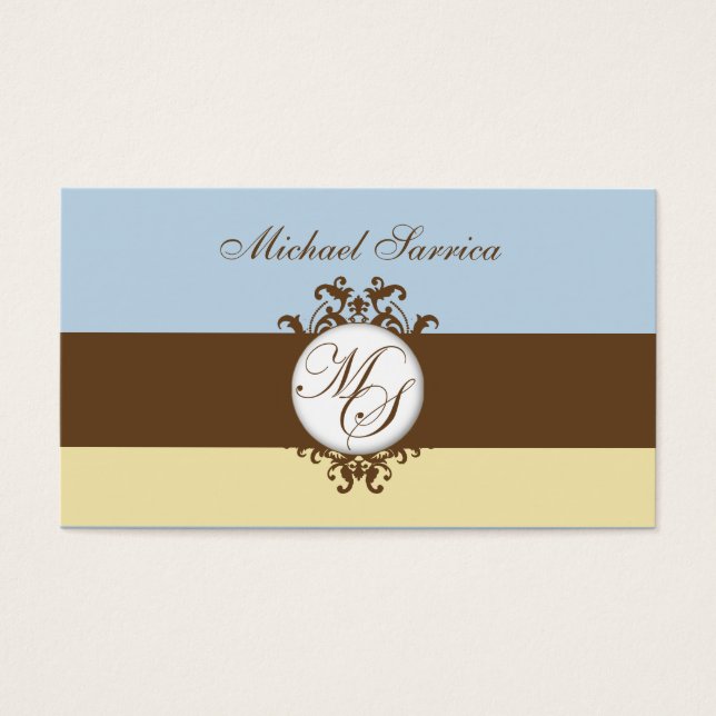 Monograma MS Brown Damask Blue Cream Gift Etiqueta (Frente)