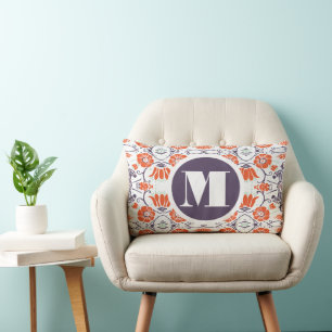 Monograma Naranja púrpura Mint almohada floral mod