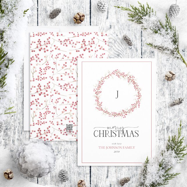 Monograma Natural Red Berry Wreath Feliz Navidad (Subido por el creador)