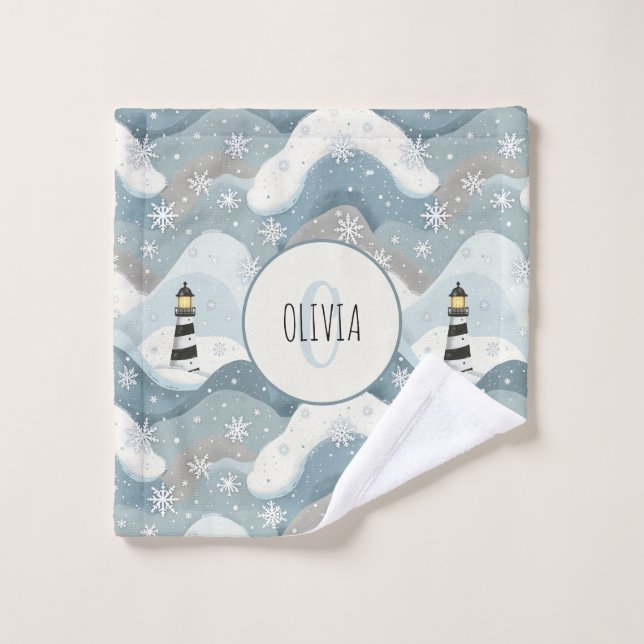 Monograma náutico de invierno de faro y ondas hela (Toallita)