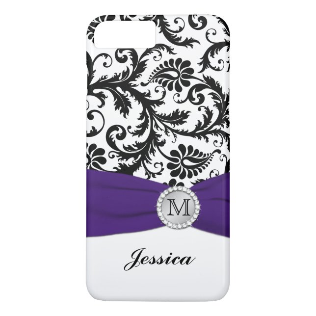 Monograma negro, blanco, morado Damasco Funda para (Reverso)