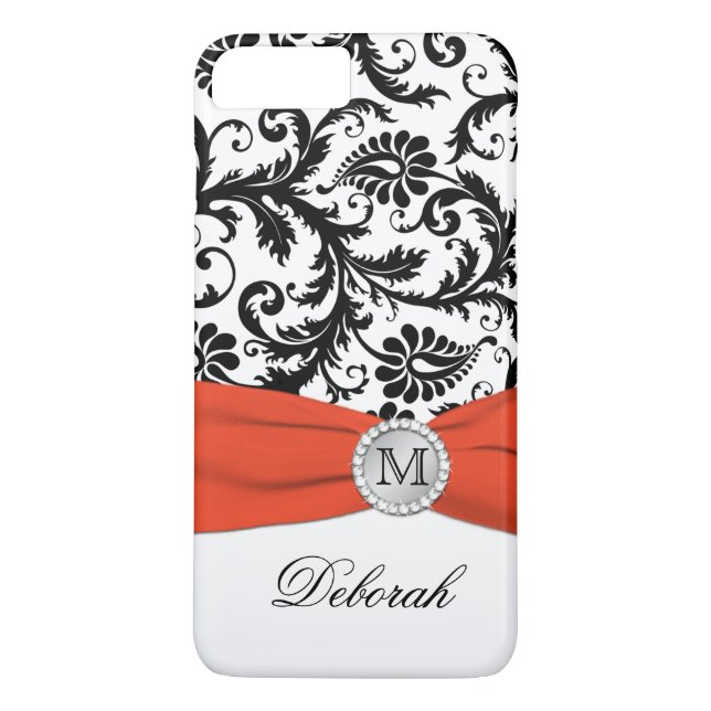 Monograma negro, blanco, Naranja Damask Funda para (Reverso)