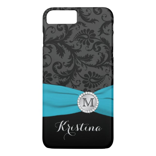 Monograma negro, gris, azul Damask iPhone 7 Funda (Reverso)