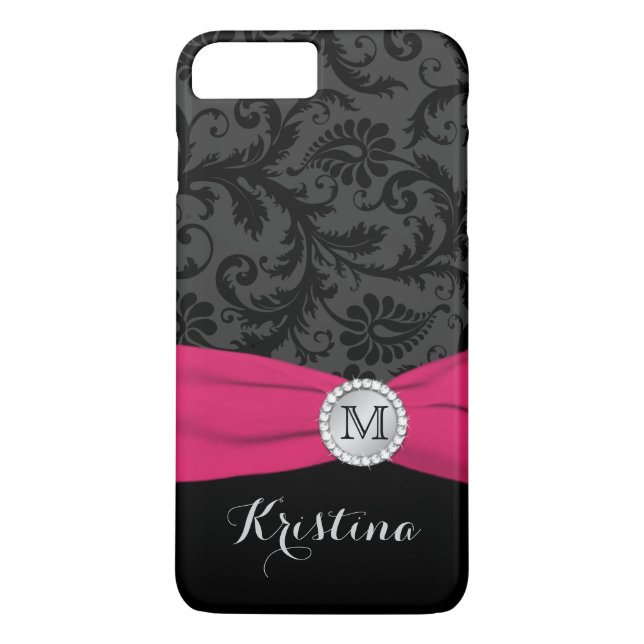 Monograma negro, gris, negro Damasco rosado Funda  (Reverso)