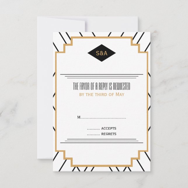 Monograma negro, oro y blanco Art Deco RSVP (Anverso)