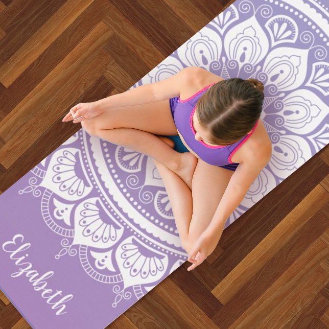 Monograma Nombre Morado Mandala Om Yoga Mat (A pretty purple and white mandala yoga exercise mat. Personalize it with your name.)