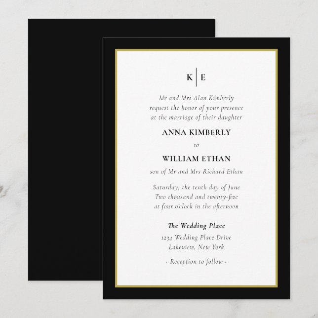 Monograma Oro Negro - Invitación a la boda de novi (Anverso / Reverso)