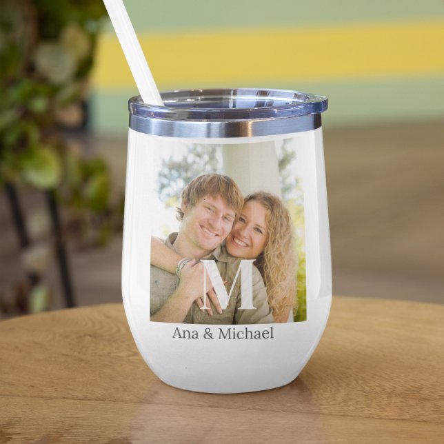 Monograma Overlay Luxe (“Modern wine tumbler with bold serif monogram overlay and luxe photo backdrop for elevated style.”)