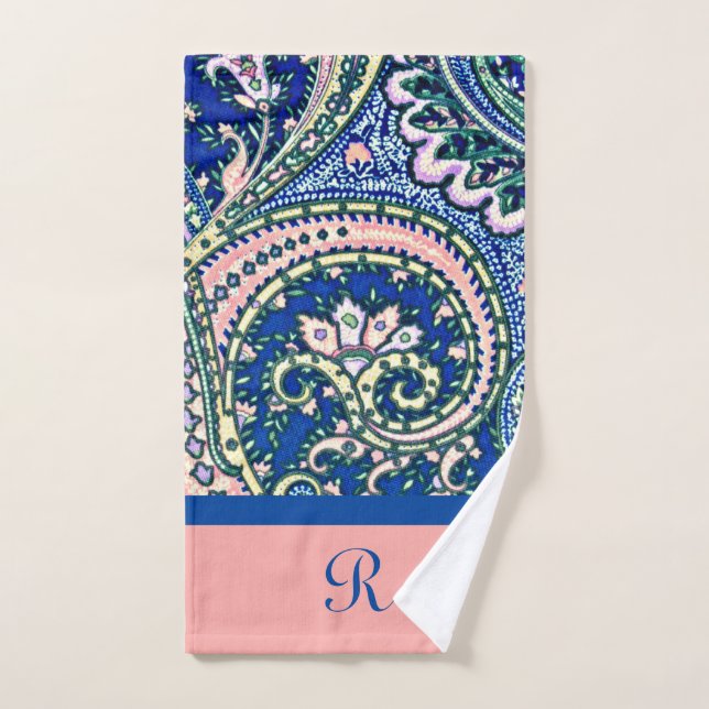 Monograma Paisley Blue Sage Green Rubor Pink (Toalla de mano)
