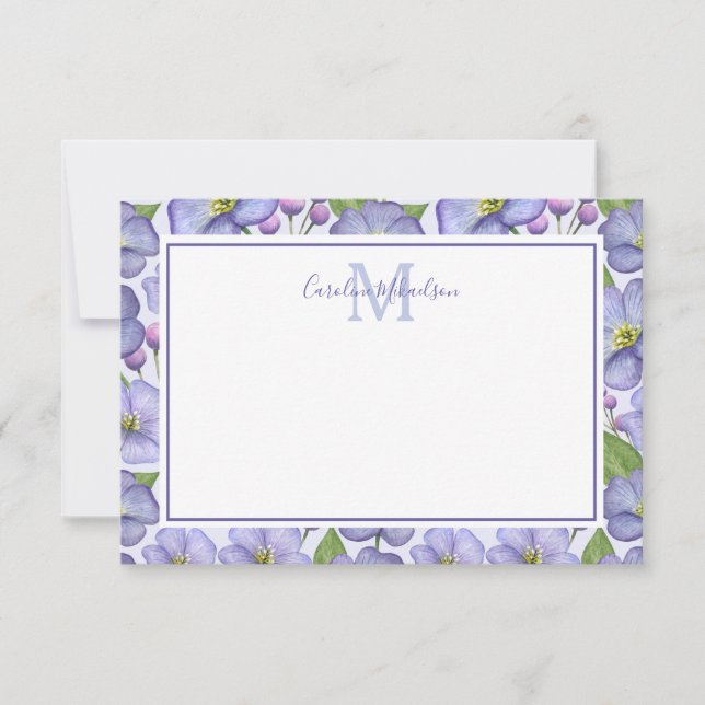 Monograma Patrón morado floral gracias tarjeta (Anverso)