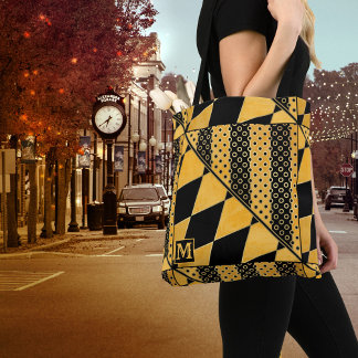 Monograma Patrón negro dorado Bolsa de Tote