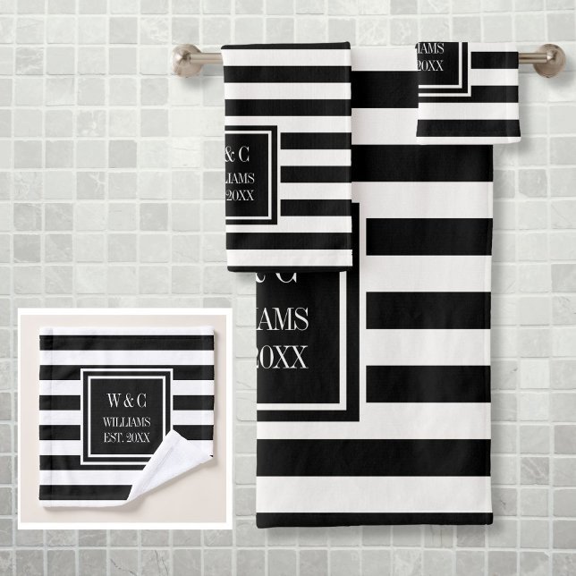 Monograma personalizado de franja blanca negra (Black White Stripe Personalized Monogram Bath Towel Set)