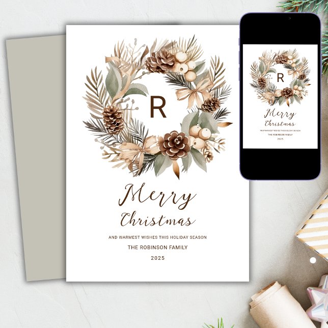 Monograma Pinecone Invierno Wreath Feliz Navidad (Subido por el creador)