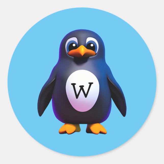 Monograma Pingüino Clásico Pegatina Redondo (Anverso)