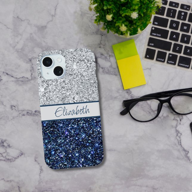 Monograma Plateado Brillante Azul Oscuro Chic Mode (Blue Silver Glitter Monogrammed iPhone or Samsung Case)