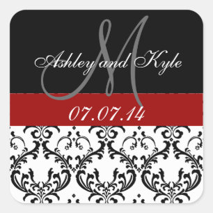 Monograma Red Damask Save the Date Pegatinas