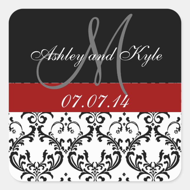 Monograma Red Damask Save the Date Pegatinas (Anverso)
