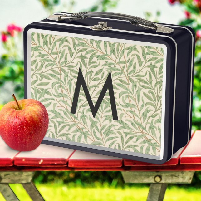 Monograma retro de la vendimia William Morris Will (A stylish metal lunch box with William Morris 'Willow Bough' leaves pattern and monogram initial)