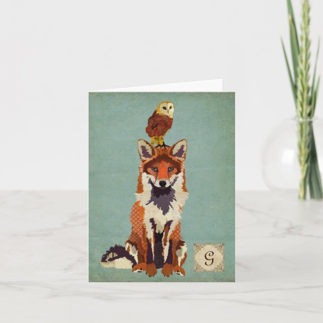 Monograma retro Fox y Owl Notecard (Anverso)