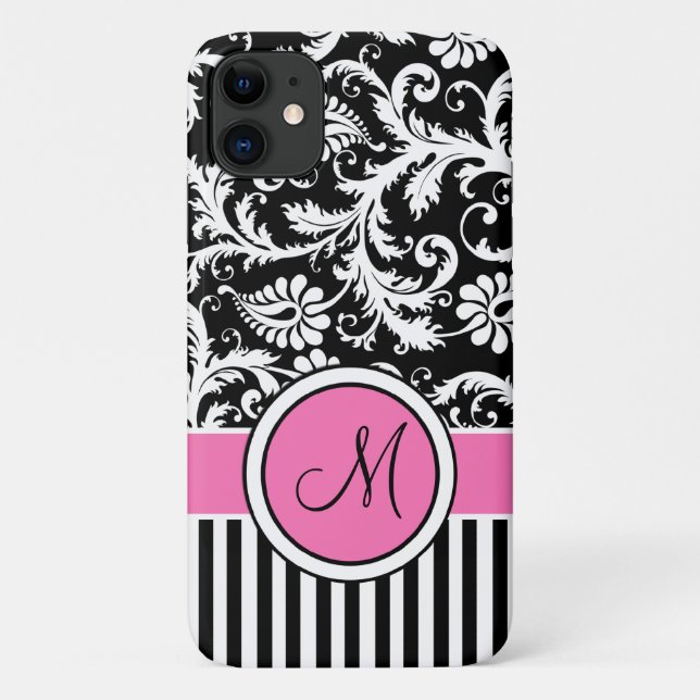 Monograma rosa, negro, blanco rayado Funda de Dama (Reverso)