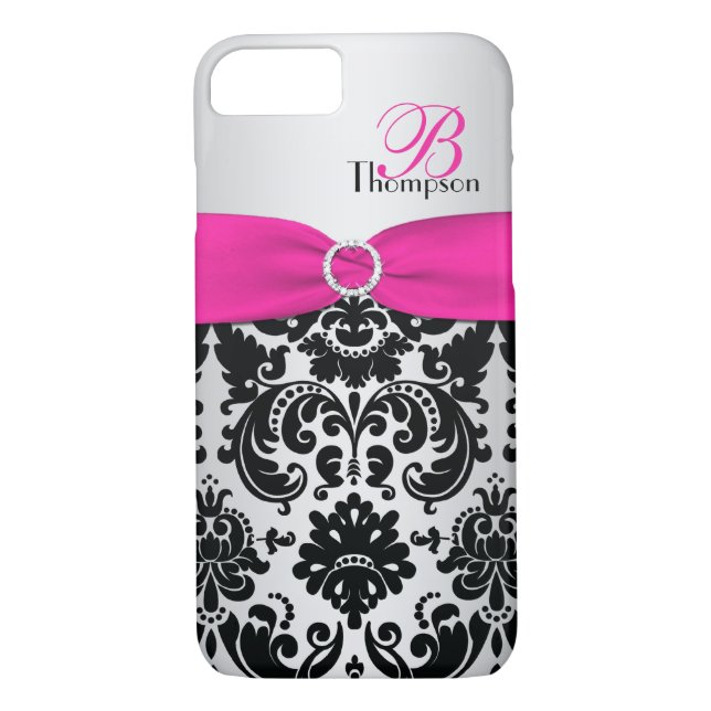 Monograma rosa, negro, plata Damask iPhone 7 Funda (Reverso)