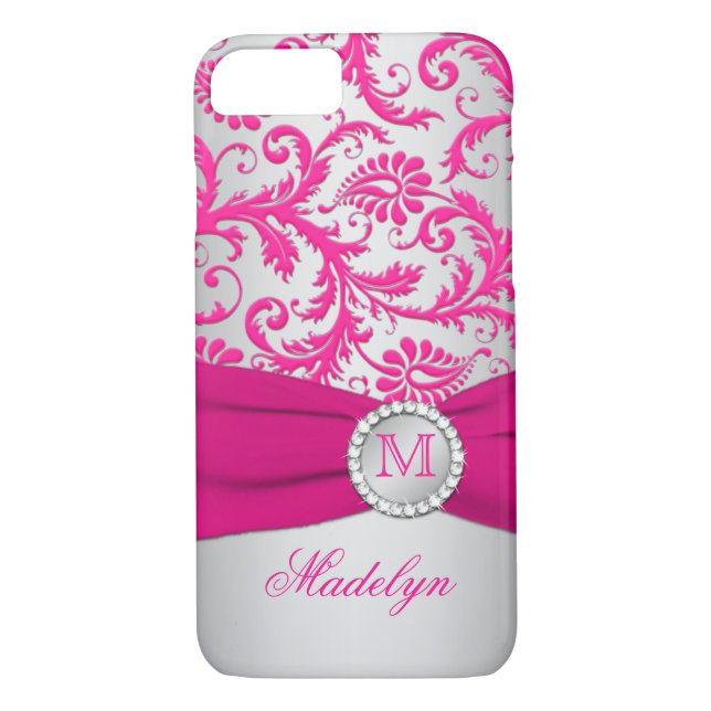 Monograma rosa, plata Damask iPhone 7 Funda (Reverso)