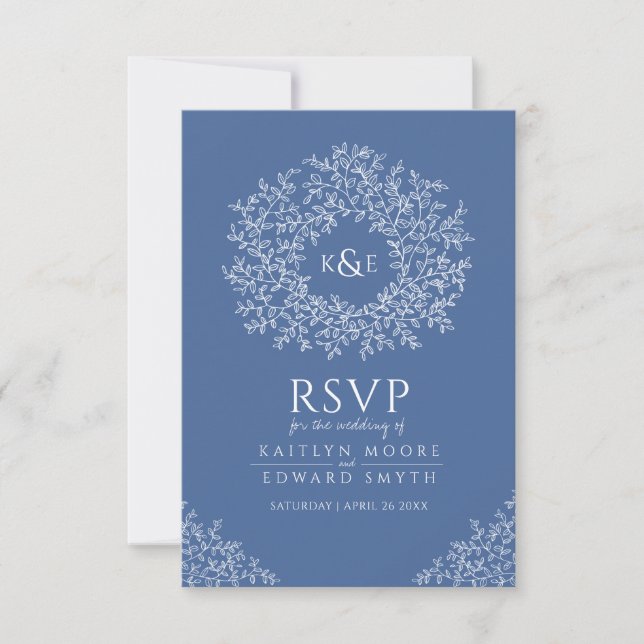 Monograma RSVP de hoja dibujado a mano azul (Anverso)