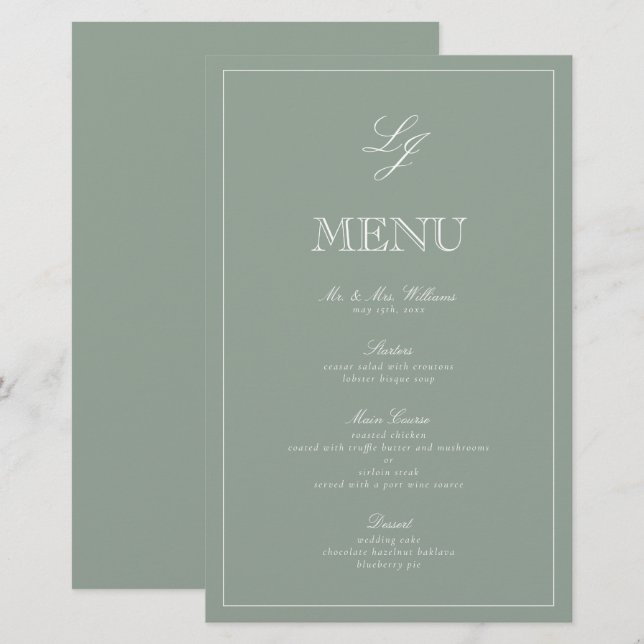 Monograma Sage Green Script Elegant Wedding Menu (Anverso / Reverso)