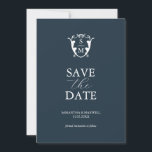 Monograma Sencillo Azul Anuncio de Fecha de Boda<br><div class="desc">Anuncia tu compromiso con esta tarjeta moderna de "save the date". Cuenta con una mezcla de tipografía clásica y de escritura en blanco sobre un fondo azul oscuro sólido. Ingresa el monograma de la novia y el novio en el centro de un escudo. Todos los colores se pueden personalizar para...</div>